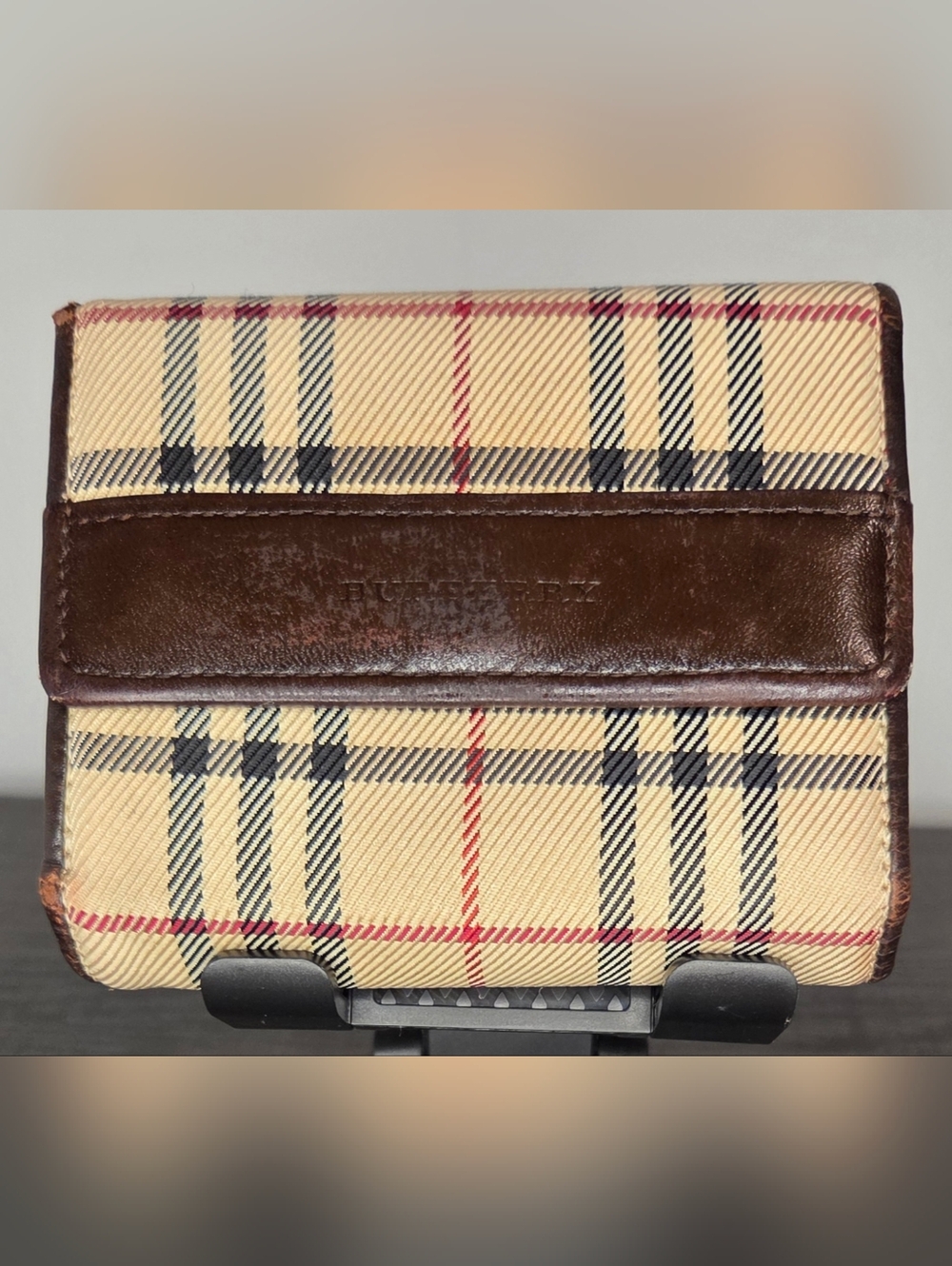 Burberry Nova Check Trifold Wallet Beige Canvas Brown Leather Vintage